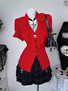 Sunspun Plus Size Mandarin Collar Ruffle Trim Casual Short Sleeve Shirt - Red - View 4