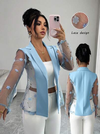 Elenzga Elegant Light Blue Sheer Blazer With 3D Floral Lace Design