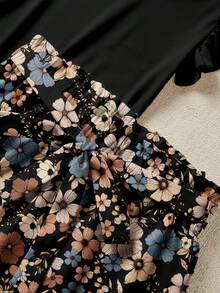 SHEIN LUNE 兩件套：大尺碼純色荷葉袖上衣與花卉印花短褲，休閒夏季女款兩件套 - 黑色 - 查看 5