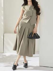 Modelyn Conjunto de 2 piezas para mujer talla grande: Top de tirantes de unicolor y minifalda - Verde militar - Ver 6