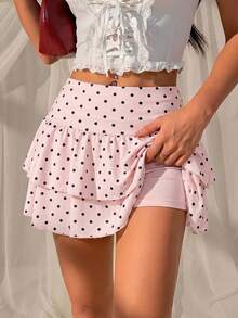 SHEIN EZwear 波点荷叶边高腰时尚夏季女裙 - 粉色 - 查看 4