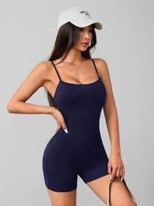 SHEIN PETITE 休閒簡約純色細肩帶連身褲，適合夏季，緊身女款，適合嬌小女性 - 藏蓝色 - 查看 3