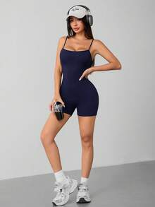 SHEIN PETITE 休閒簡約純色細肩帶連身褲，適合夏季，緊身女款，適合嬌小女性 - 藏蓝色 - 查看 6