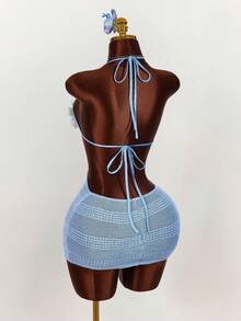 Amplova 钩针编织不对称花卉装饰紧身迷你连衣裙 - 霧霾藍 - 查看 8