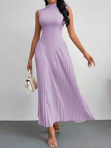 SHEIN PETITE Elegantes plissiertes, figurbetontes A-Linien-Kleid für Damen, Sommerkleider für Damen, Petite Damen - Violett - Übersicht 9