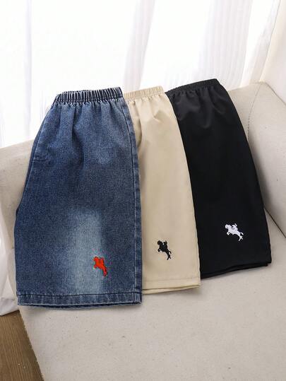 3件套/套 青少年男童套装，买一送二：牛仔短裤2条+休闲梭织短裤2条，刺绣点缀，适合日常、上学、户外活动、春夏穿着。