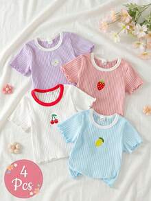SHEIN Vintaside Kids 4pcs Baby Girl Casual Versatile Cute Embroidered Short Sleeve Tops - Multicolor - View 3