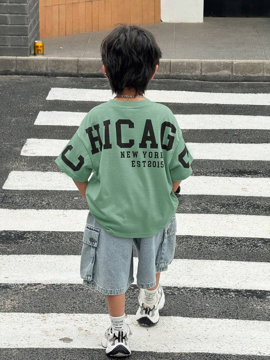 SHEIN Little Byeori 1件小男孩休閒運動學院風街頭可愛度假寬鬆日韓風圓領T恤,背面印字母,適合返校、生日派對、晚會、表演、婚禮 - 薄荷綠 - 查看 1