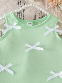 Glamorique Kids Baby Girls' Cute Car Decor Bow Ruffle Hem Ruched Pink Mesh Knit Sleeveless Dress, Summer Korean Style - Green - View 7