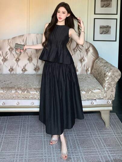 DAZY Bộ đồ nữ mùa hè kiểu dáng thường ngày, màu trơn, có bèo nhún ở gấu và chân váy ngắn, gồm 2 món.