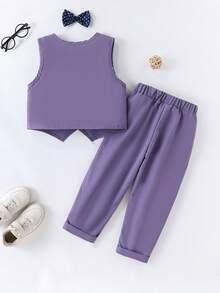SHEIN Boys 3 Piece Formal Fall Suit Set, Toddler To Teen Dress Outfit With Vest, Shirt & Bow Tie, Gentleman Kids Wear For Prom Wedding Graduation Birthday Party - Dusty Purple - View 2