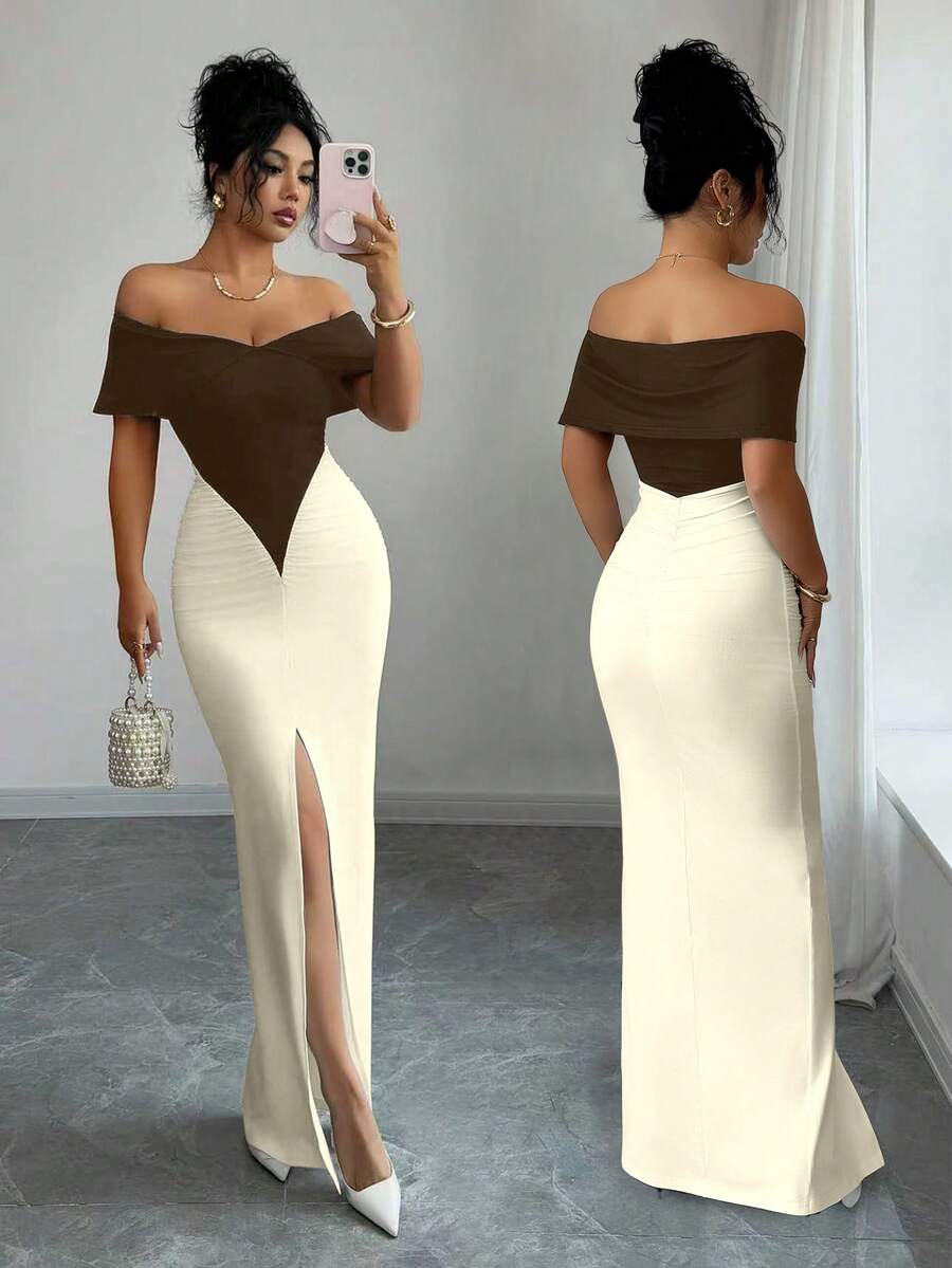 Selianne Contrast Color Patchwork Sexy Ruched Off-Shoulder Dress, Sleeveless Long Dress For Women - Brown - View 1
