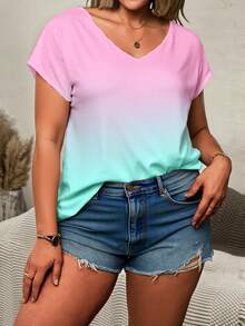 大码休闲渐变字母印花V领短袖T恤，夏季 - 彩色 - 查看 5