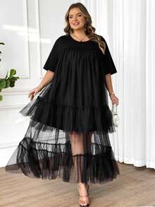 SHEIN CURVE+ 大码女式纯色雪纺叠层T恤长裙，假日风、波西米亚风、嬉皮风、夏季 - 黑色 - 查看 7