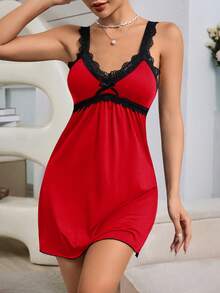 SHEIN Nuisette de mariée en dentelle avec contraste pour femmes - Rouge - Voir 4