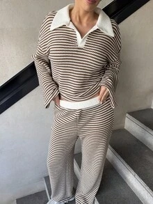 Marta Soriano Conjunto de 2 piezas para mujer con camiseta de manga larga de hombros caídos de cuello en V a rayas y pantalones a rayas de cintura elástica, traje de suéter de invierno, otoño/invierno - Marrón - Ver 3