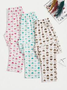 SHEIN Women Cotton 3 Pcs Multicolour Fake Drawstring Detail Leopard Heart Pattern Long Homewear Comfort Casual Sleep Bottom Set - Multicolor - View 2