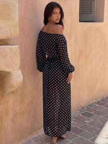 Bonvoyette Bộ áo khoác và chân váy dài tay cổ tròn dáng rộng in chấm bi dành cho nữ, thích hợp cho đi biển, du lịch, nghỉ mát vào mùa xuân/hè. - màu đen - Xem 2