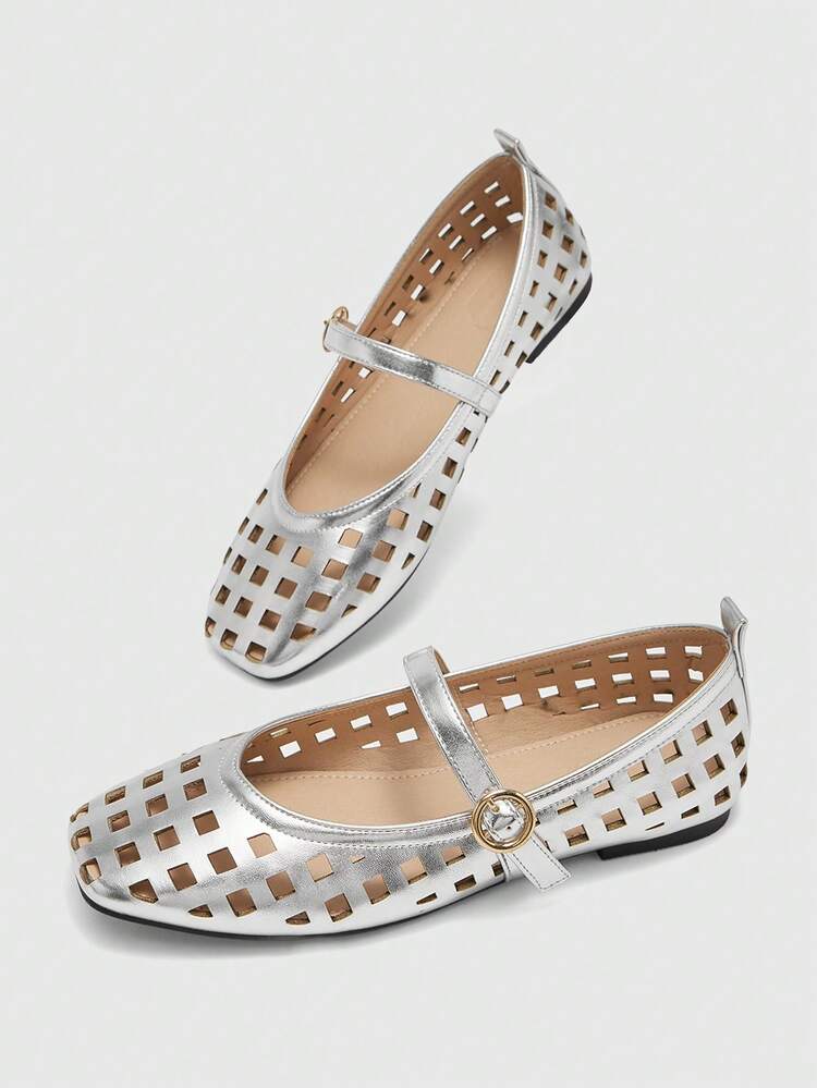 CUCCOO BIZCHIC Spring And Autumn New Products Silver Flat Bottom Square Toe Fashion Hollow Comfortable Women's Flat Bottom Shoes