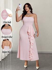 SHEIN Elenzya Vestido elegante y romántico con volantes en el bajo sin tirantes para mujer, vestido maxi sin tirantes rosa, vestidos de fiesta elegantes largos, vestido elegante para mujer con curvas, vestidos para invitadas de boda para mujer con curvas, vestidos de fiesta para mujer con curvas que ocultan el abdomen, vestidos elegantes de alta calidad sin tirantes para mujer, vestido formal para mujer - Rosa - Ver 1