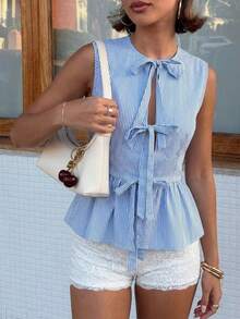 Aloruh 蓝白条纹无袖上衣，性感蝴蝶结镂空衬衫，优雅百搭，适合工作和度假 - 藍白色 - 查看 3