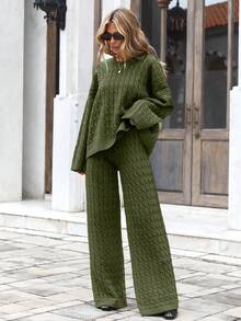 EURMUSE Women's Solid Color Cable Long Sleeve Top And Pants Sweater Set - Army Green - View 4