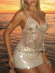 Sundraya Women's Floral Sequin Fashionable Sexy Camisole Top For Vacation - Beige - View 5