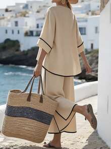 SHEIN Holidaya 女士休闲度假风撞色滚边裹身纽扣上衣和阔腿裤两件套，春秋季 - 卡其色 - 查看 2
