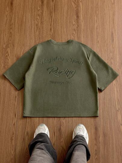 SWAVVY Camiseta de manga corta casual y holgada para hombre, color verde con bordado delantero y trasero, para verano