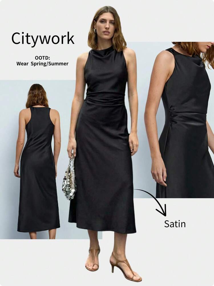 SHEIN Maija Outfit Deas For Dress,Black Plunging Neck Sleeveless Waist Cinched Satin Midi Dress, Music Festival,Elegant Dresses For Party,Elegant Dresses For Ladies,Formal Dress,Office Outfits For Women , Office Attire For Women, Office Wear Women