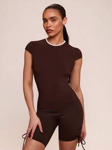SHEIN BAE Women's Brown And Cream Round Neck Cap Sleeve Fitted Casual Fitness Sports T-Shirt,Summer Athleisure Gym Sportswear,Spring Festival Party Beach Top - Coffee Brown - View 5