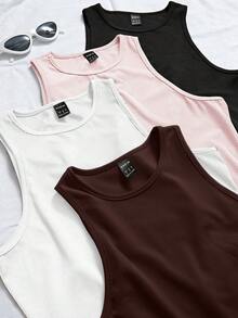 Chiquease 4pcs Solid Tank Top Graphic Tees Women Tops - Multicolor - View 5