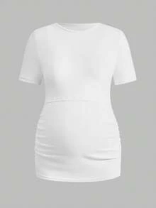Modmama 3pcs/Set Pregnant Women Solid Color Ruched Nursing Function Casual Daily Short Sleeve Tops - Baby Blue - View 15