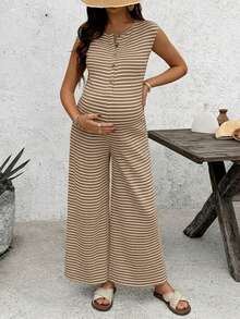 SHEIN 孕妇条纹圆领短袖哺乳连体衣 - 咖啡棕 - 查看 5