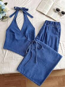 GlowEve Bộ đồ nữ gồm áo yếm vạt lệch và quần jeans ống rộng. - Màu xanh lam - Xem 3