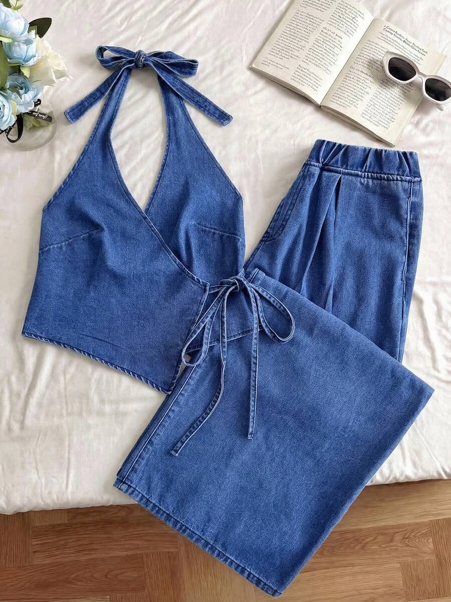 GlowEve 女士不对称下摆露背上衣和阔腿牛仔裤套装 - 藍色 - 查看 1