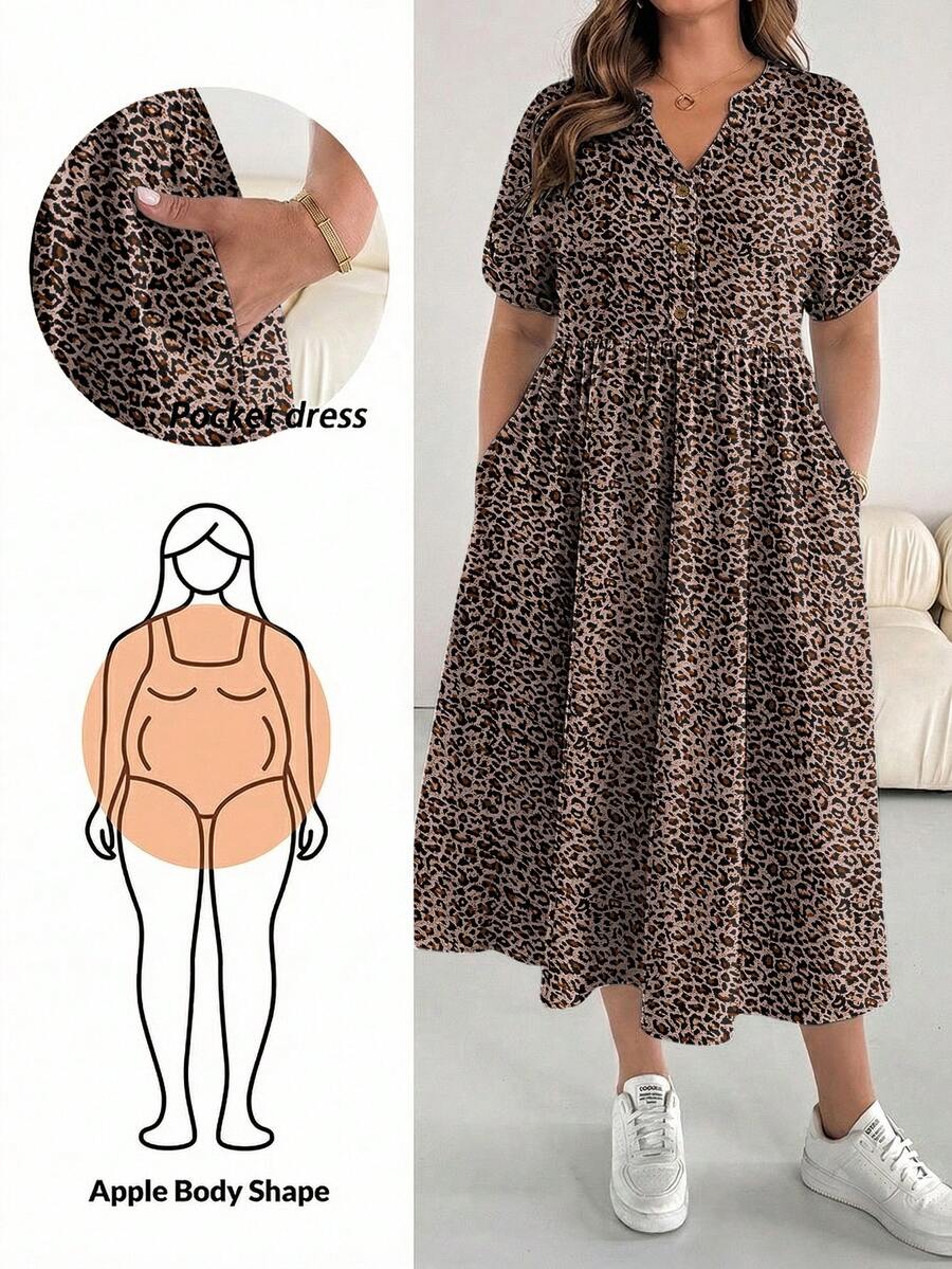 SHEIN Essnce 大码豹纹短袖休闲度假连衣裙 - 彩色 - 查看 1