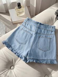 Quần short denim nữ có viền bèo nhún, thích hợp cho mùa hè. - Rửa nhẹ - Xem 2