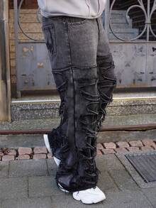 LEOGASHI LEOGASHI 男士休闲做旧毛边深灰色牛仔裤 - 黑色 - 查看 5