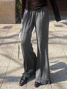 FRIFUL Women's Solid Color Elastic Waist Casual Loose Flare Leg Pants Summer - Grey - View 4