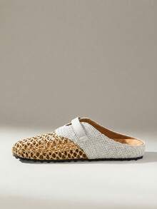 Solecia Pantofi de damă primăvara și vara, noi, din material împletit mat tip plasă, cu decor în stil splicing, design cu bot rotund, călcâi slip-on, confortabili și simpli pentru vacanță, pantofi plați de damă, esențiali pentru navetă, casual versatili, pentru întâlniri, călătorii și ceai de după-amiază - alb - Vizualizare 3