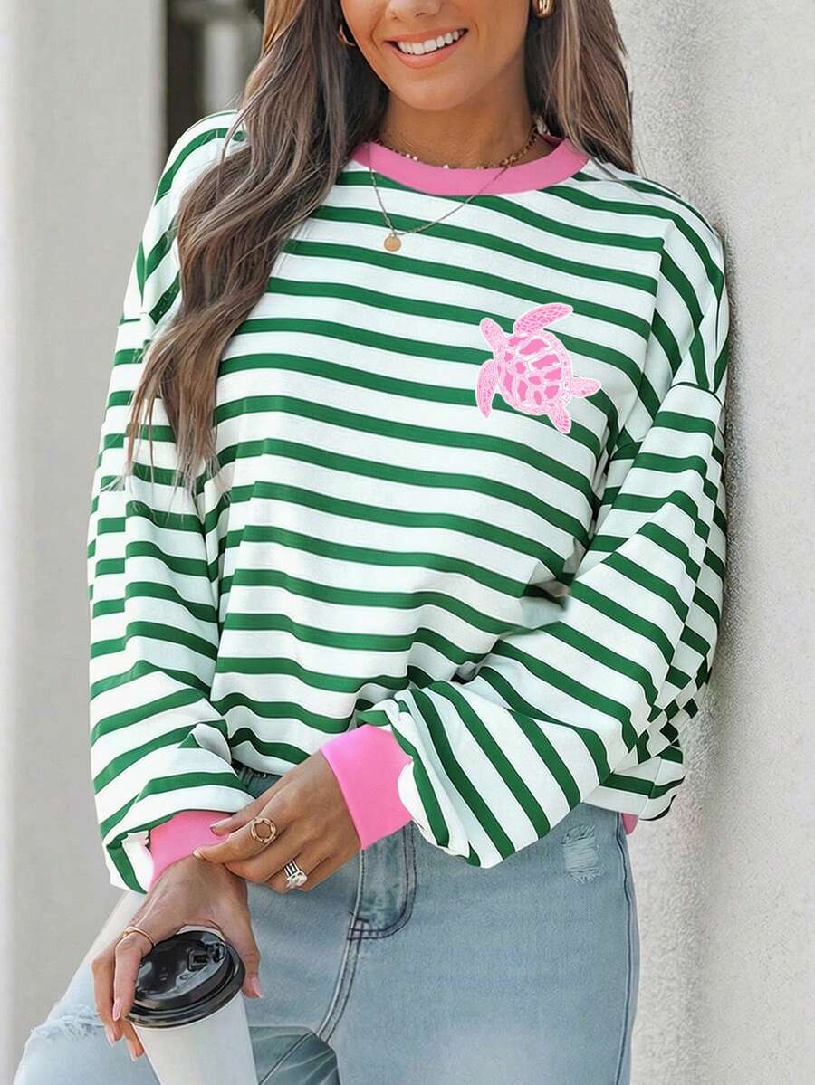 Wildy Women's Casual Loose Sweatshirt, Striped Print, Suitable For Women's Vacation Outfit - Multicolor - View 1