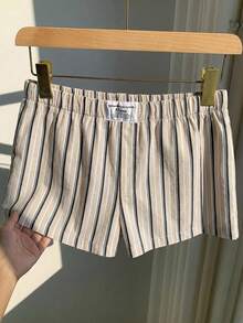 Comfortcana 女士夏季休闲度假通勤撞色条纹字母印花松紧腰宽松短裤 - 杏色 - 查看 7