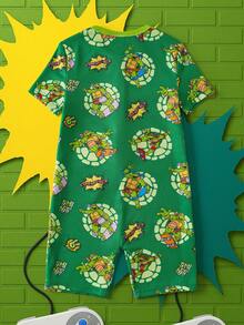 TEENAGE MUTANT NINJA TURTLES | SHEIN MUTANT TURTLES Young Boy Crew Neck Short Sleeve Cute Print Tight Fit Loungewear - Green - View 2