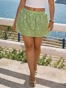 Lounesse 大码女式绿色亮片面料短裙，时尚休闲外出通勤度假装 - 綠色 - 查看 2