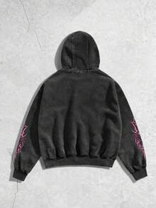 ROMWE MEN Street Life Spring Men's Casual Graphic Print Zip-Up Hoodie Sweatshirt, Autumn, Y2K - Black - View 2
