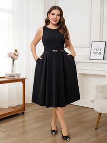 Levarali Gaun Tanpa Lengan Panjang Sedang Warna Hitam Elegan untuk Wanita Ukuran Plus, Kerah Rantai Rhinestone Jahitan Tangan, Pakaian Pesta Minimalis untuk Makan Malam & Kantor - Hitam - View 7