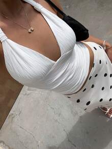 Sunnyshic 女士夏季假期罗纹针织褶饰蝴蝶结领口吊带背心 - 白色 - 查看 5