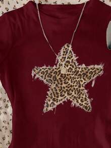 Tween Girl Leopard Print & Star Pattern Burgundy T-Shirt,Vintage Collegiate Street Sports Casual Round Neck Long Sleeve Top For Summer School Outfits - Multicolor - View 3
