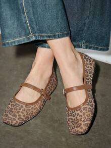 豹纹网眼透气女士平底凉鞋，玛丽珍芭蕾平底鞋，轻便舒适方头镂空休闲一脚蹬鞋 - 棕色 - 查看 2